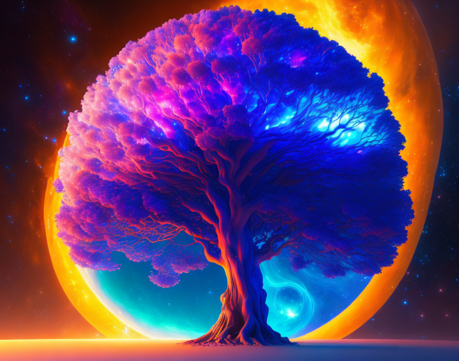 Majestic tree with purple foliage under cosmic sky