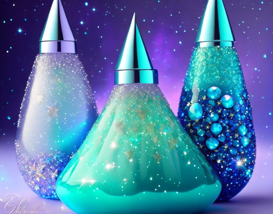 Glitter-filled perfume bottles on purple starry background