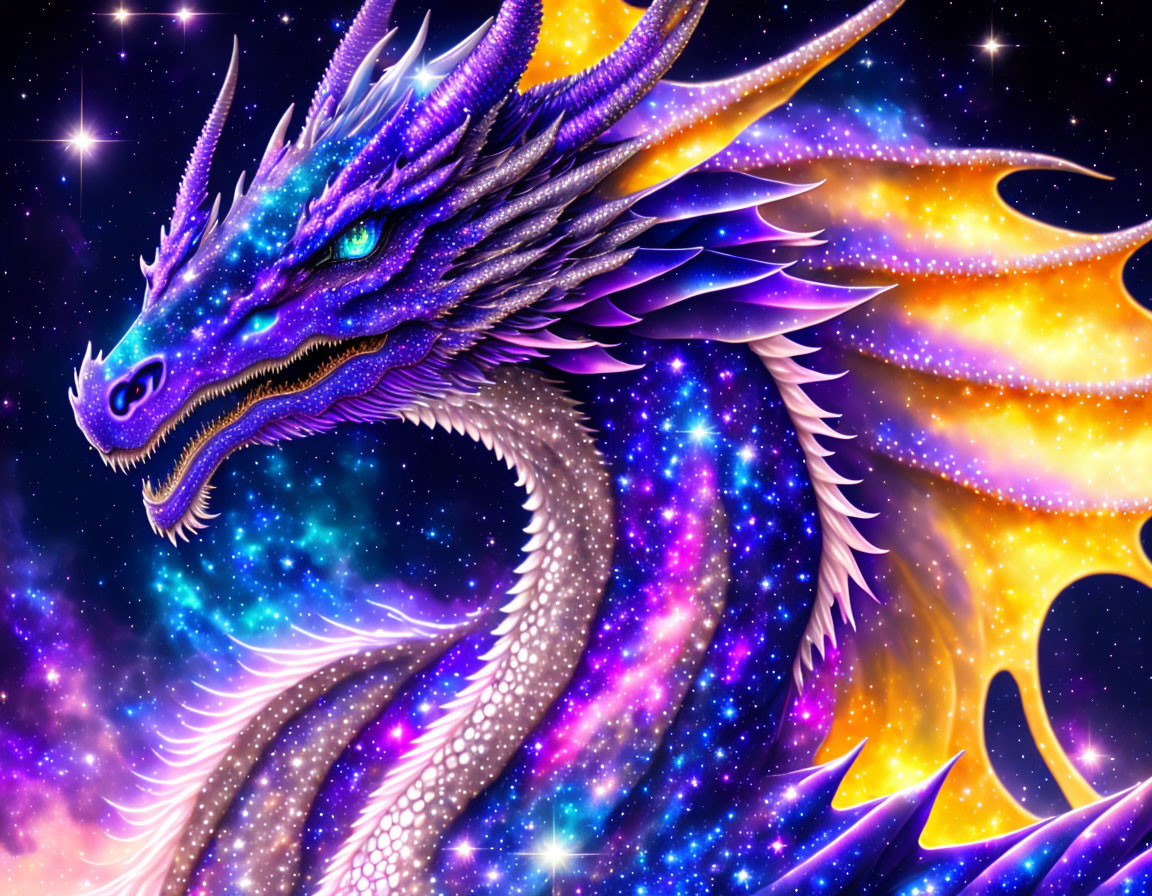 Blue-Scaled Cosmic Dragon with Orange Wings in Starry Space