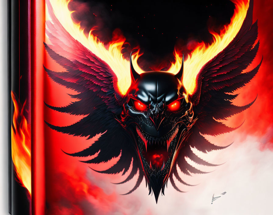 Menacing black and red dragon with fiery wings and glowing eyes emerging from flames