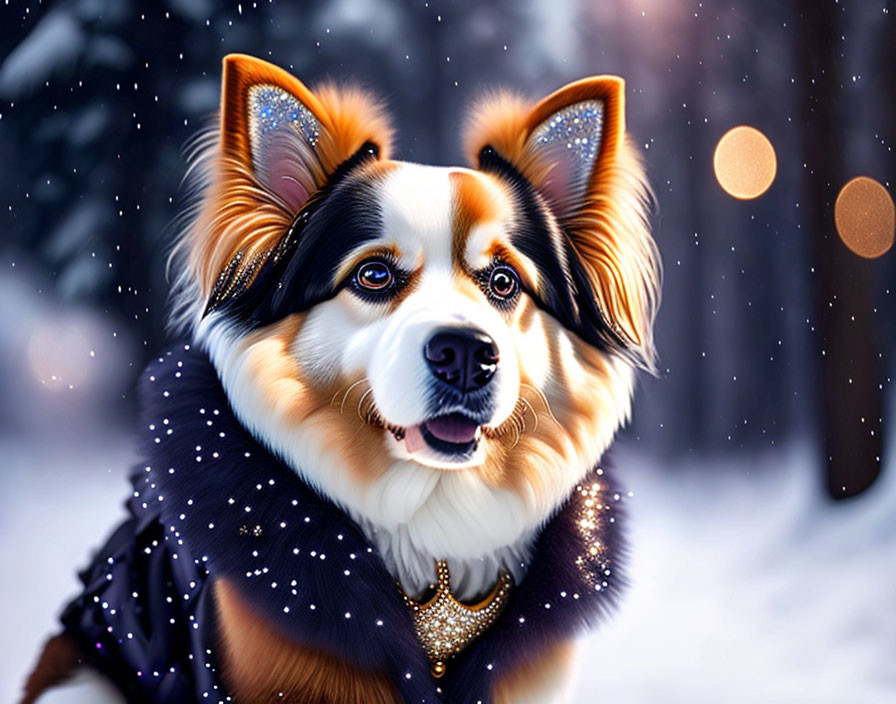 Colorful dog with decorated collar in snowy setting