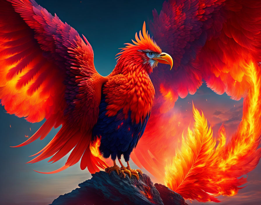 Majestic phoenix digital artwork with fiery plumage on rock