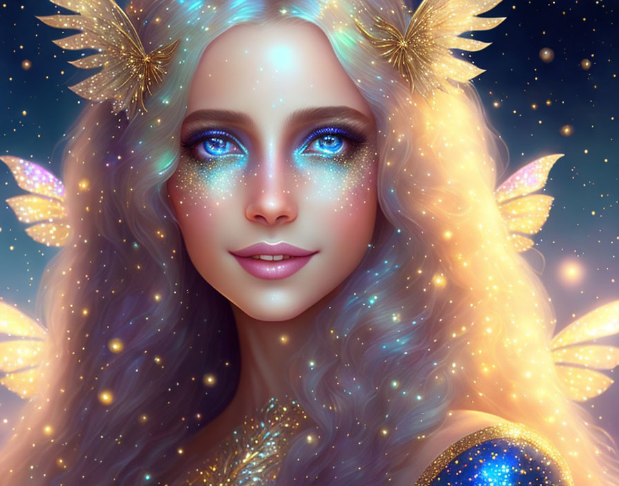 Fantasy female digital art portrait with blue eyes, golden wings, and starry hair