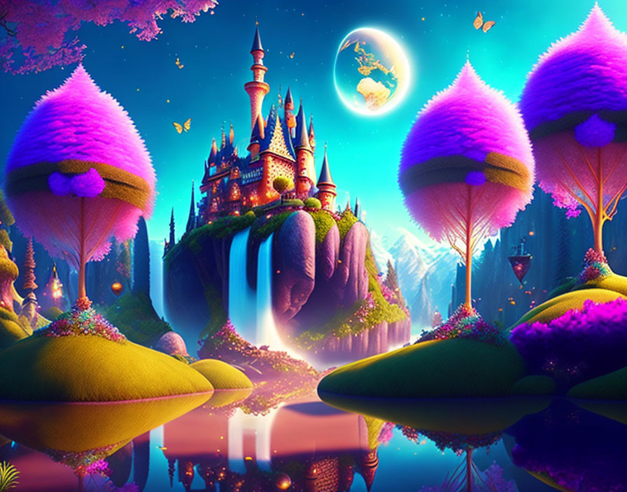 Majestic castle on waterfall in colorful fantasy landscape