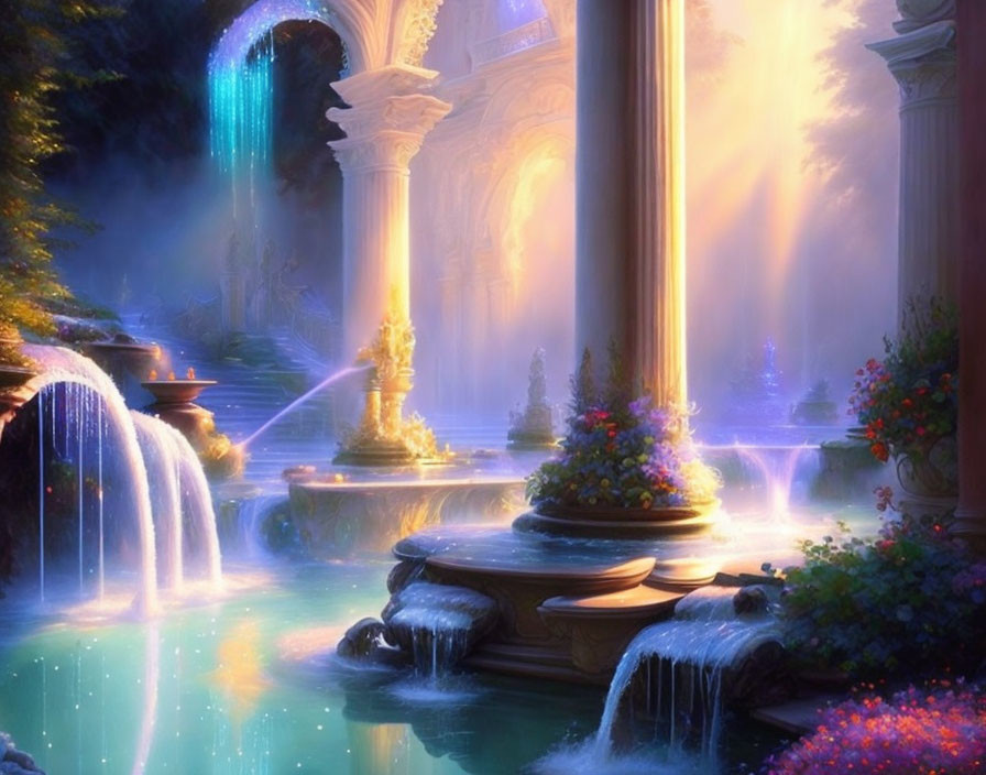 Enchanting fantasy garden with glowing waterfalls and majestic pillars