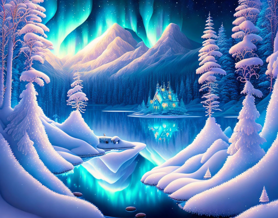 Enchanted winter night scene with aurora skies, snowy trees, icy lake, and glowing castle