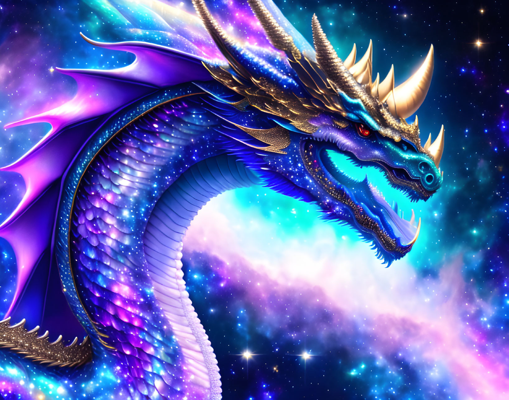 Majestic blue dragon with golden horns in cosmic scene