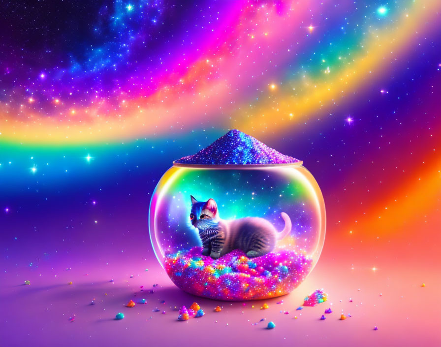 Colorful Glitter Kitten in Glass Bowl with Cosmic Background