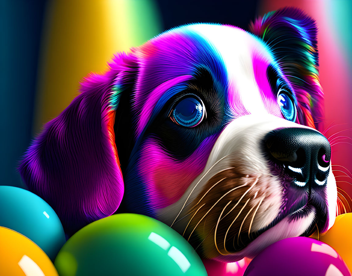 Colorful Puppy Illustration Surrounded by Balloons