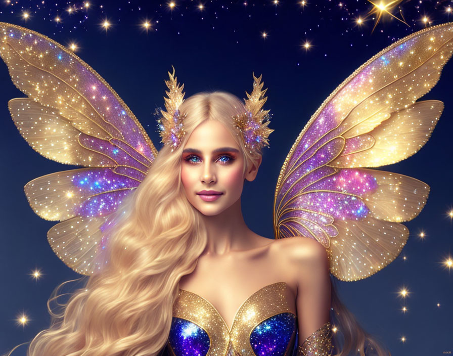 Fantasy illustration of woman with golden butterfly wings and starry blue background