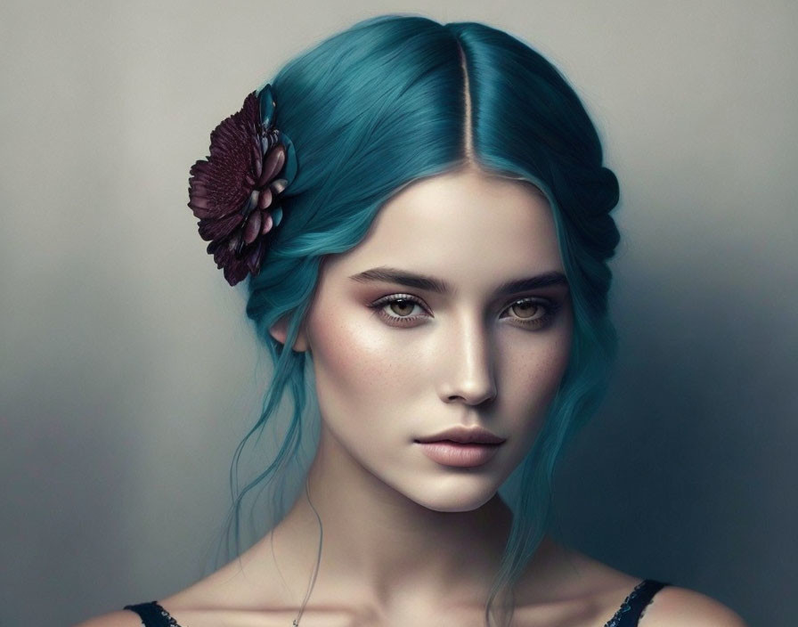 Blue-haired woman with dark flower accessory and porcelain skin in serene gaze