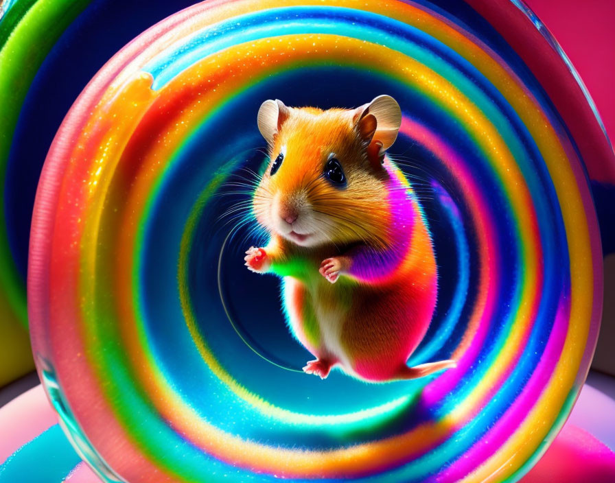 Colorful Hamster in Rainbow Tunnel Holding Heart