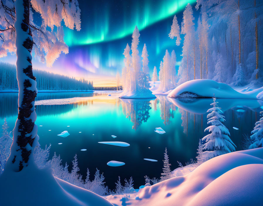 Snow-covered Landscape with Aurora Borealis Over Frozen River