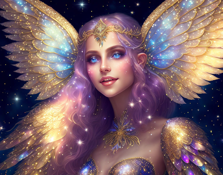 Fantasy female figure with golden wings and purple hair on starry background