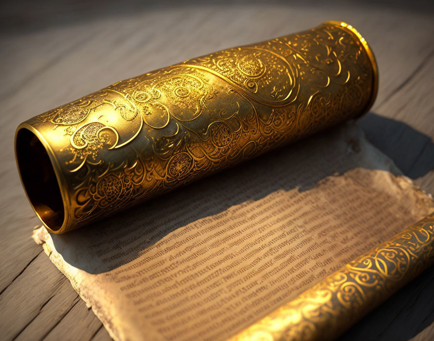 Golden ornate scroll case with intricate scroll on wooden surface