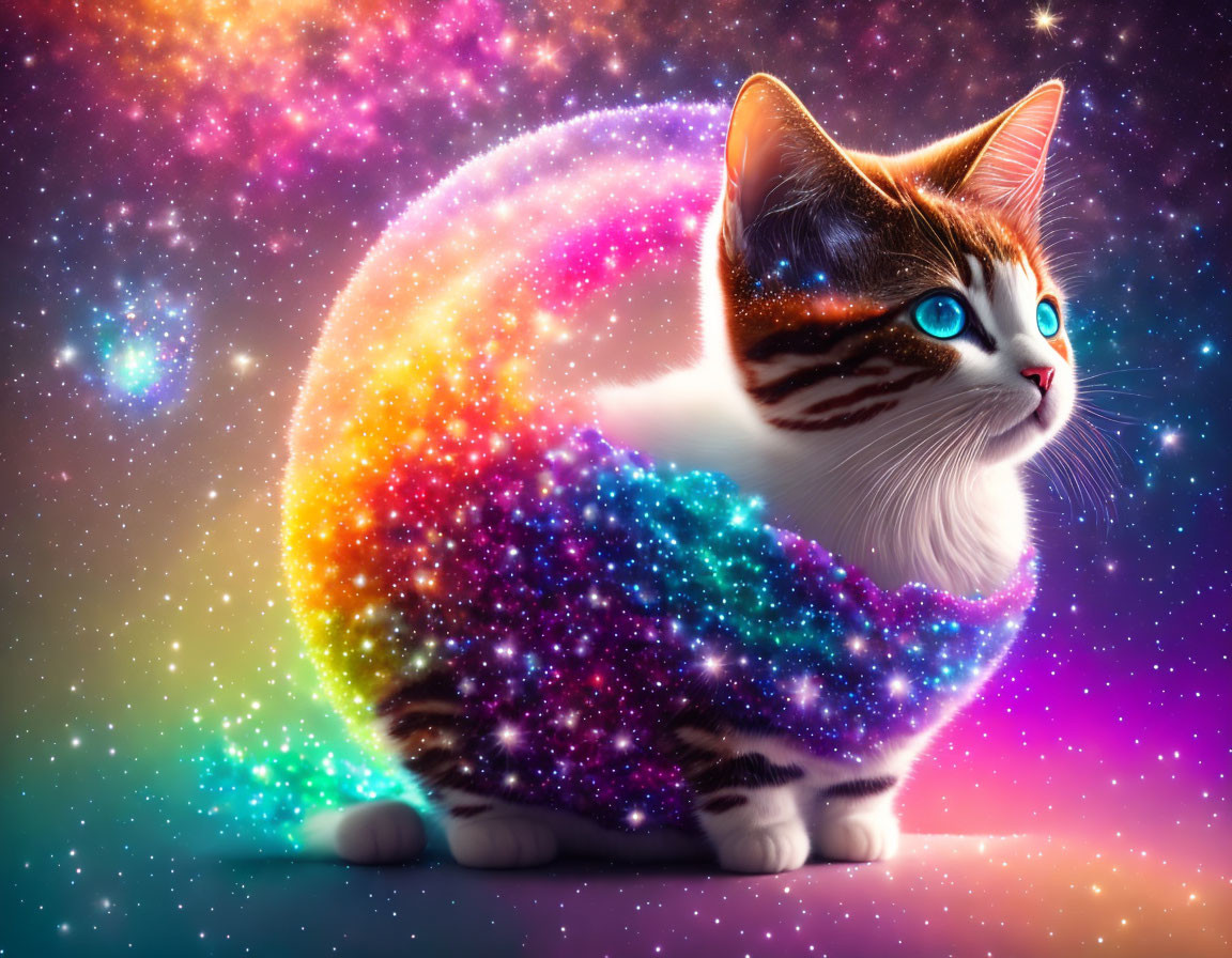 Colorful cat illustration in galaxy setting with stars and nebulae