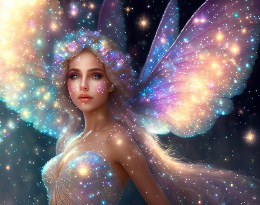 Ethereal fairy with starry wings in magical ambiance