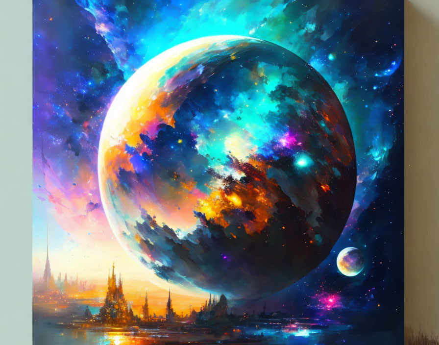 Colorful cosmic painting with celestial bodies and cityscape.