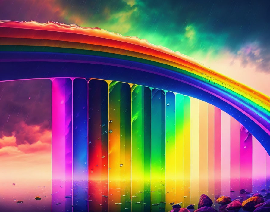 Colorful Rainbow Piano Keyboard Design with Surreal Background