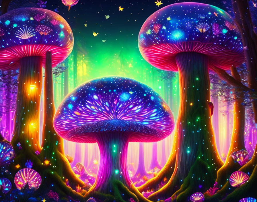 Fantasy forest with oversized glowing mushrooms and colorful trees