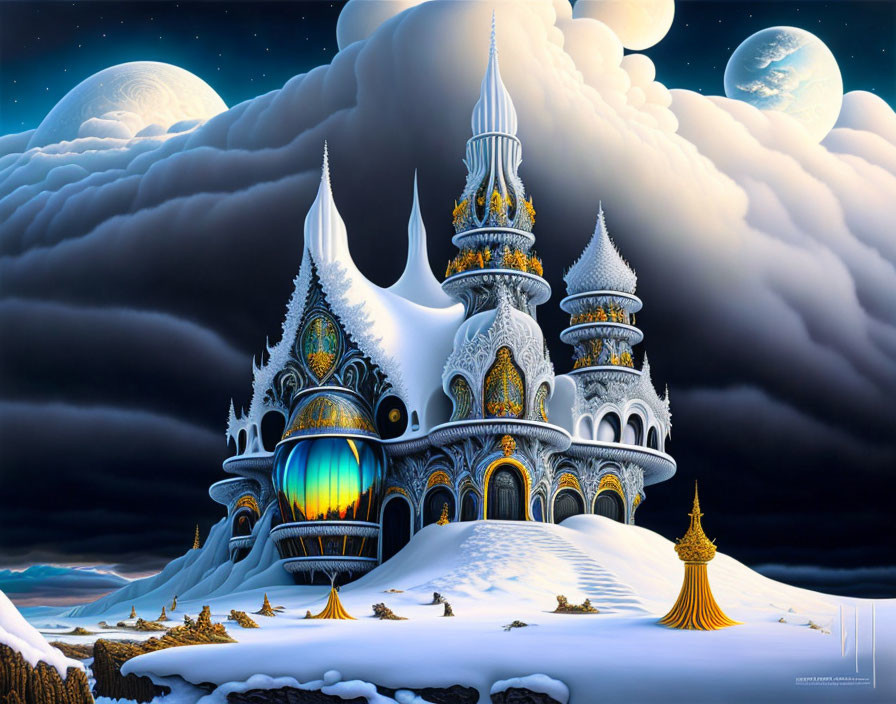 Snowy castle with spires under two moons in vibrant colors.