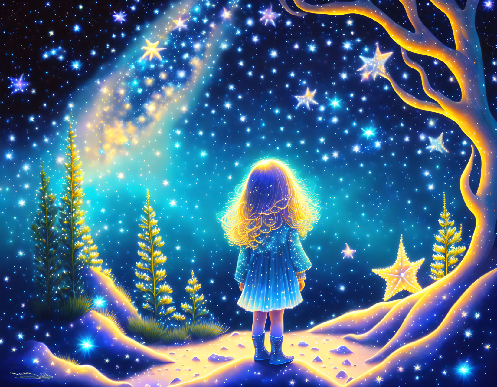 Young girl in blue dress under vibrant starry night sky with glowing trees