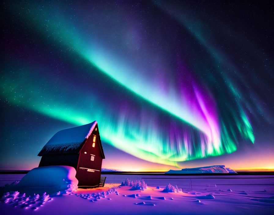 Vibrant aurora borealis over snow-covered cabin at night