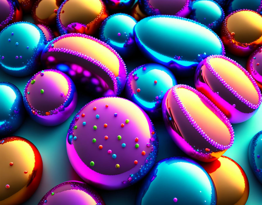 Vibrant glossy spheres with light reflections and bead-like particles.