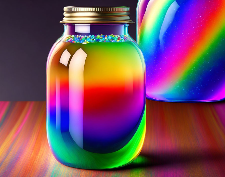 Colorful holographic jars with multicolored beads on reflective surface