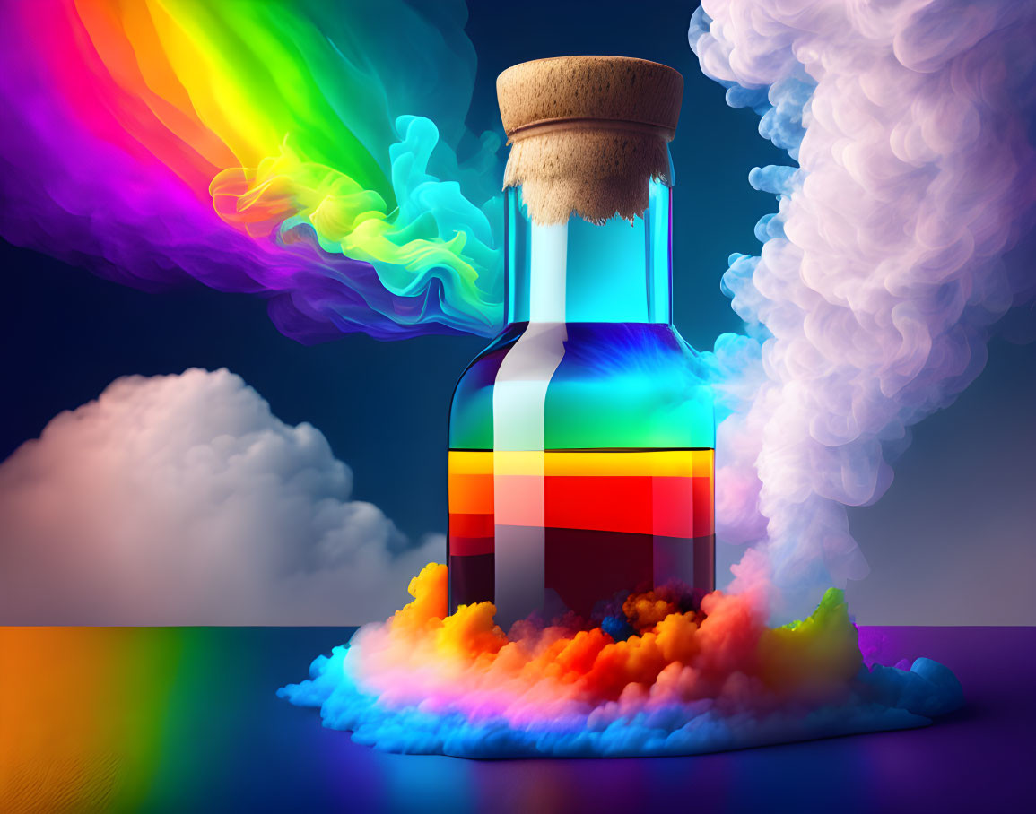 Colorful Rainbow Smoke Potion Bottle on Gradient Background