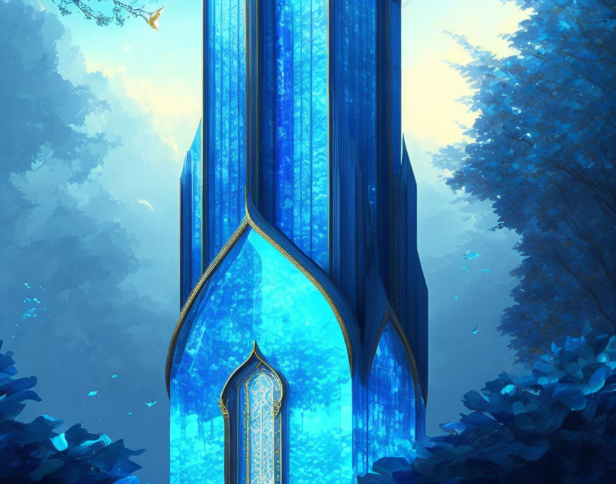 Blue Crystal Tower Among Lush Trees with Radiant Light