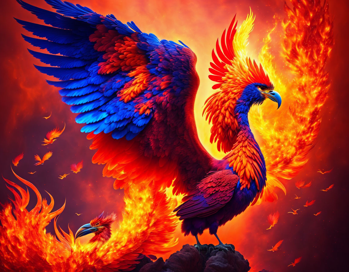 Illustration of three fiery phoenixes symbolizing rebirth and immortality