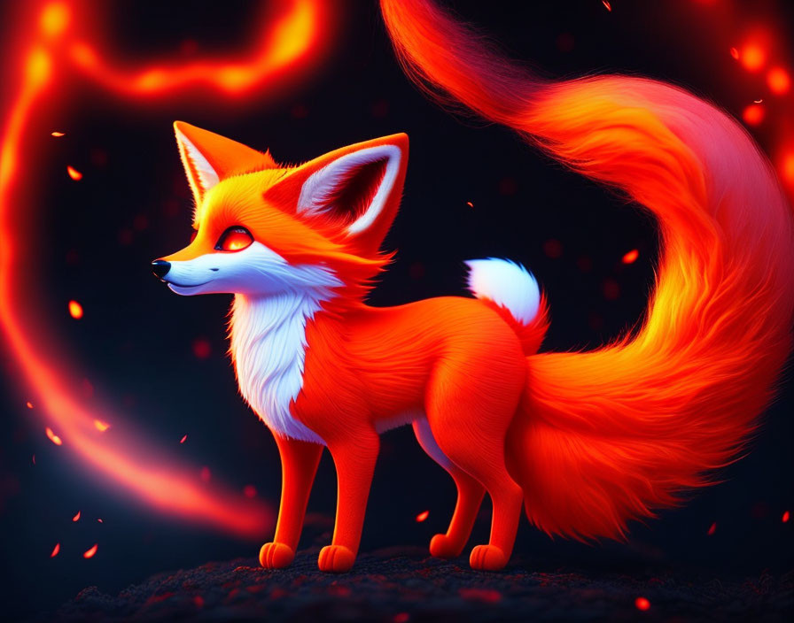 Stylized orange and white fox with luminous tail on dark background