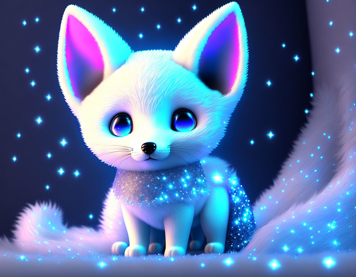 Whimsical blue-eyed fennec fox in starry aura on dark blue background