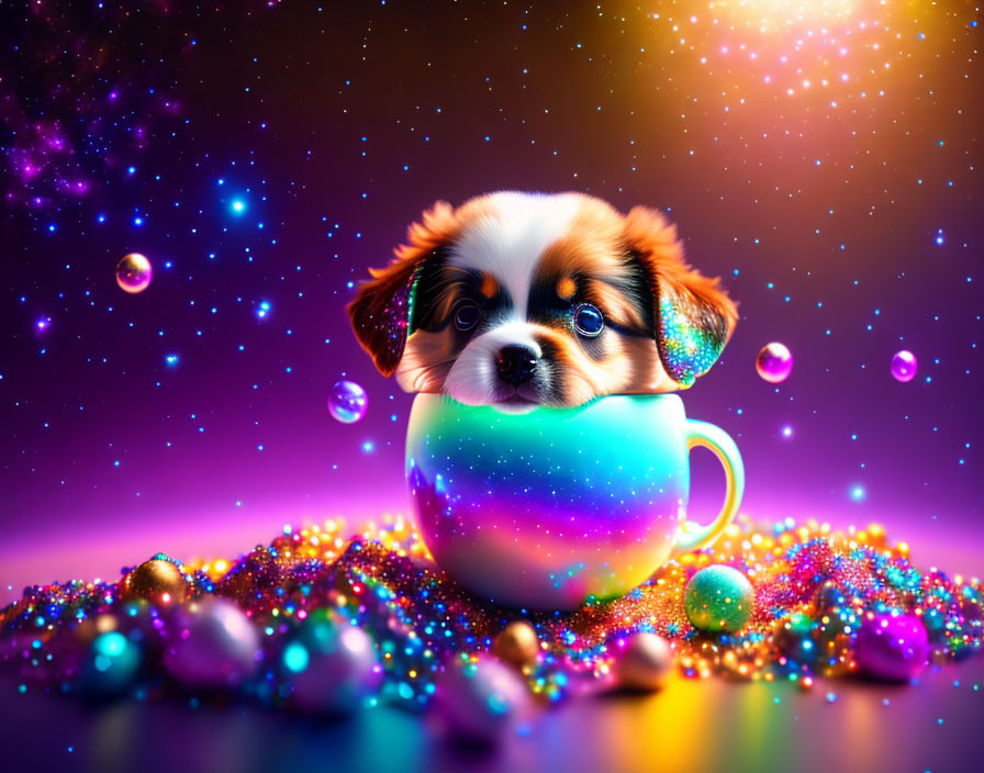 Adorable Puppy in Colorful Teacup with Bubbles and Glitter