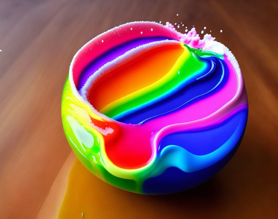 Colorful Paint Swirl in Container on Wooden Surface