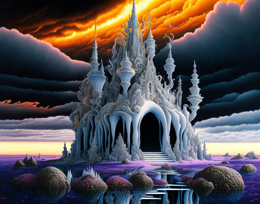 Detailed Ornate Castle with Spires in Fantasy Sunset Landscape