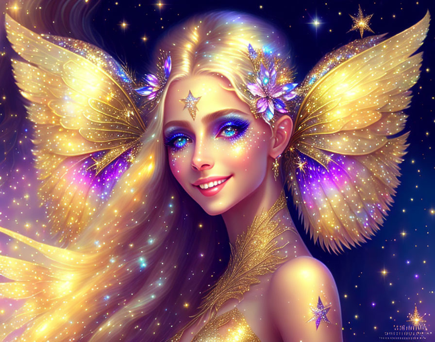 Fantasy fairy with golden wings and star-themed adornments