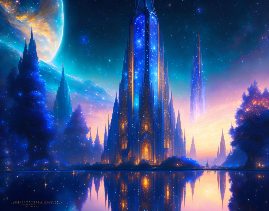 Fantastical city with glowing blue towers under starry sky.