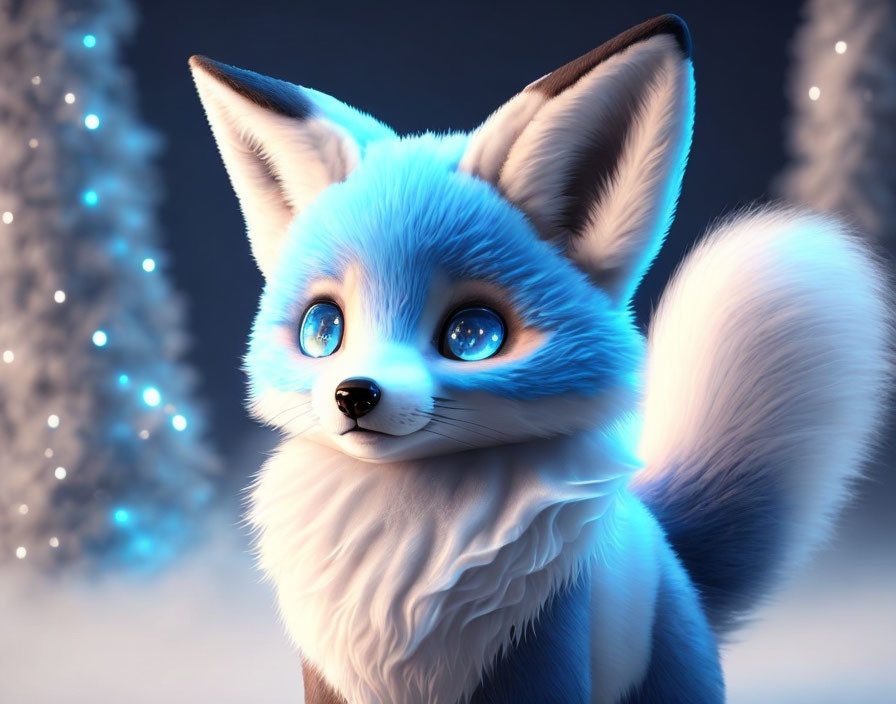 Anthropomorphic fox digital illustration with expressive blue eyes in snowy forest setting