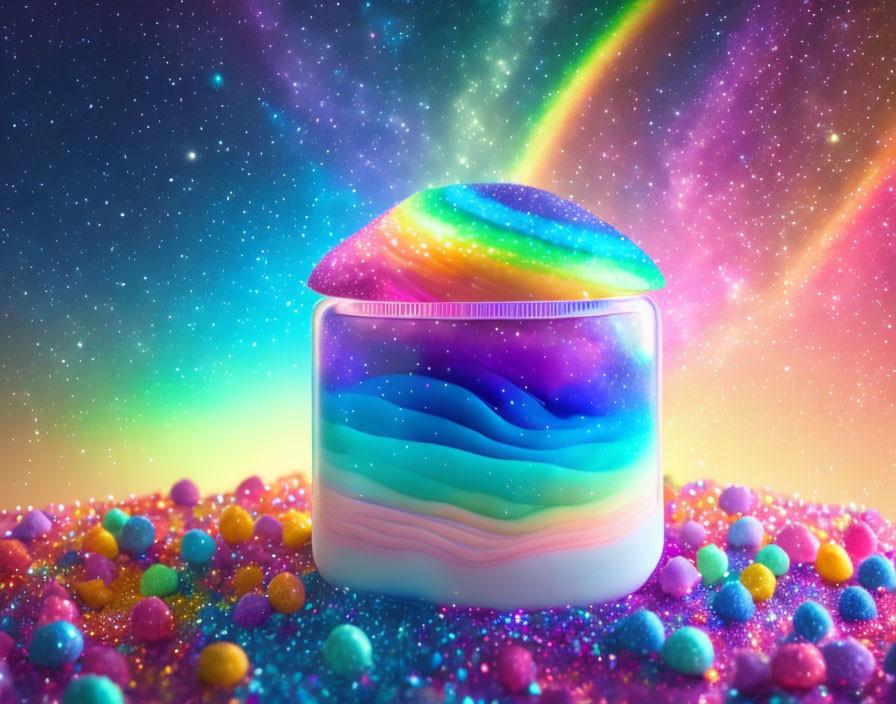 Colorful Cosmic Jar with Glitter Spheres on Starry Nebula Background