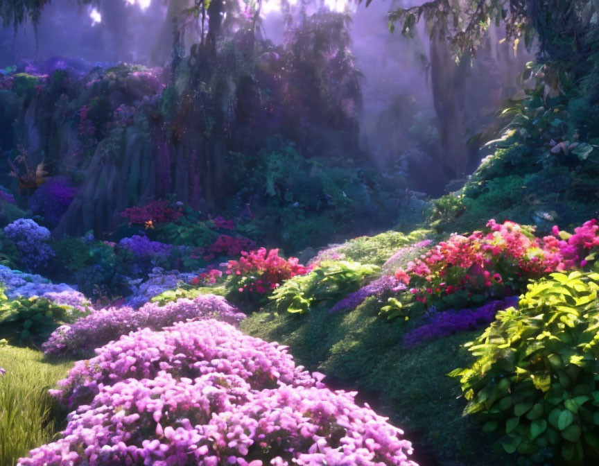 Lush vibrant forest with blooming pink and purple flowers