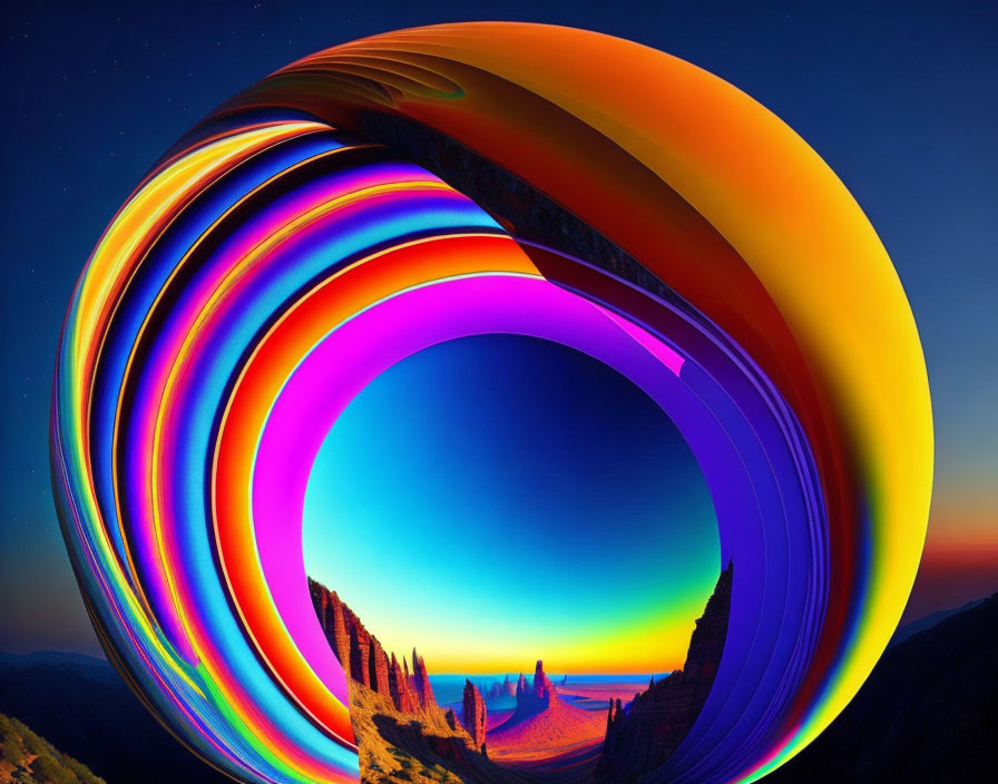 Digitally altered landscape with multicolored circles over sunset mountains