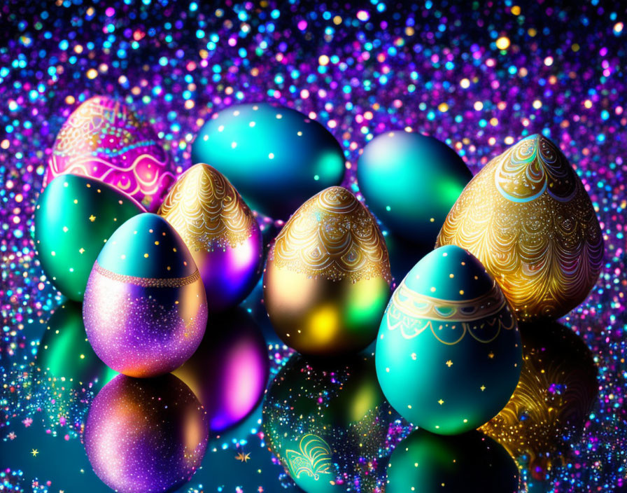 Vibrant Easter eggs with intricate patterns on glittery background