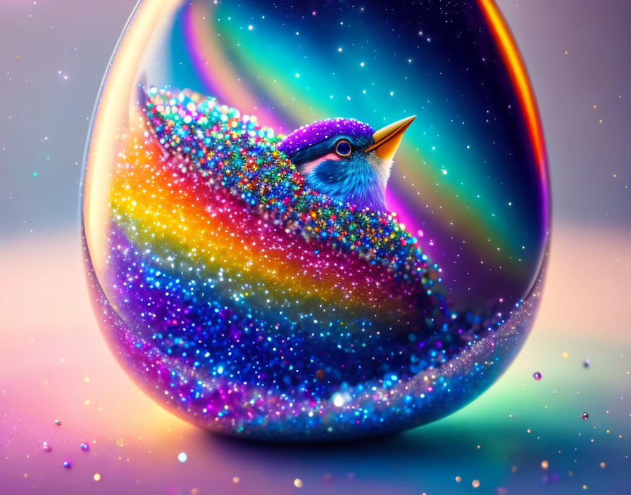 Colorful Glittery Bird in Teardrop Bubble on Pastel Background