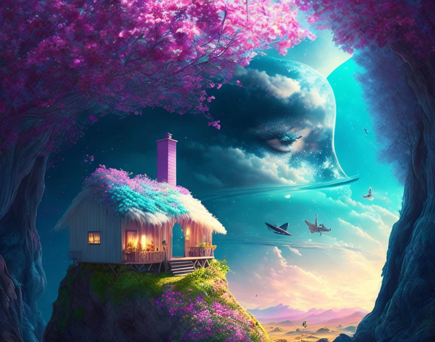 Cherry Blossom Cottage with Moon Face, Birds, and Dreamy Sky