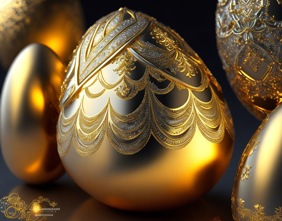 Golden eggs with intricate patterns on reflective surface symbolize luxury.