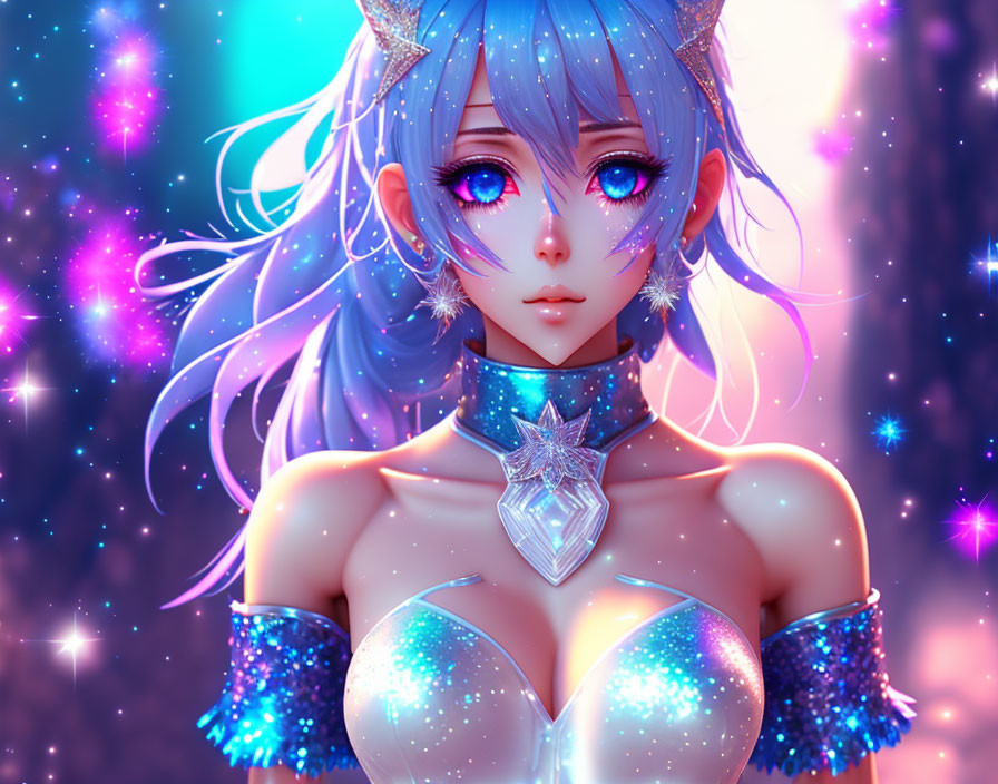 Blue-haired anime-style character with crystal adornments on starry background