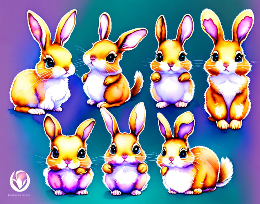 Colorful Cartoon Bunnies Illustration on Purple Background