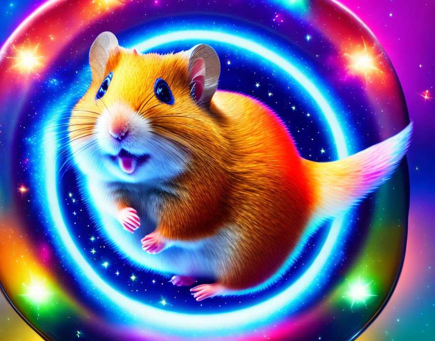 Colorful Cartoon Hamster on Cosmic Background with Neon Lights